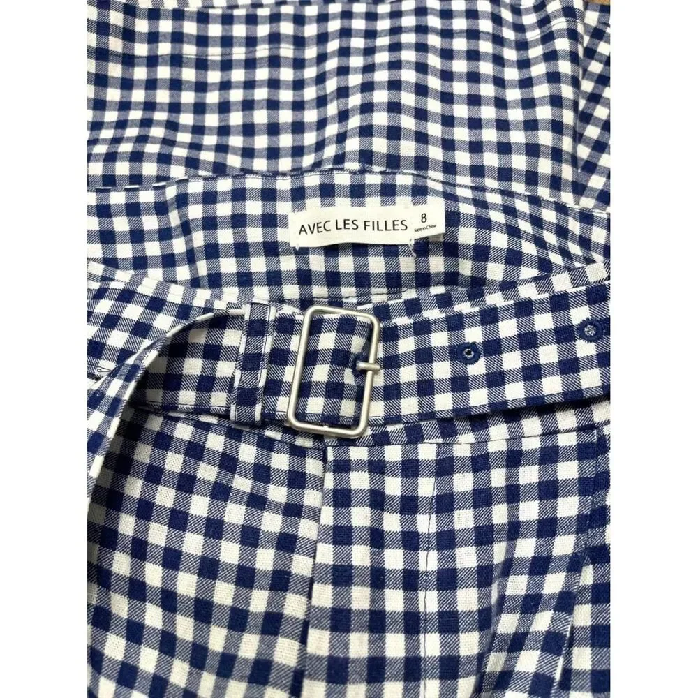 New Avec Les Filles Gingham Linen Blend Belted Shorts Navy Blue White Size 8